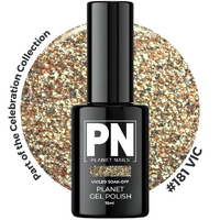 Planet Gel Polish – P181 VIC (Gold/Shimmer/Glitter) – HEMA Free UV/LED Soak Off, 15ml